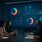 Business team viewing animated motion graphics on a large screen during a strategy meeting.
