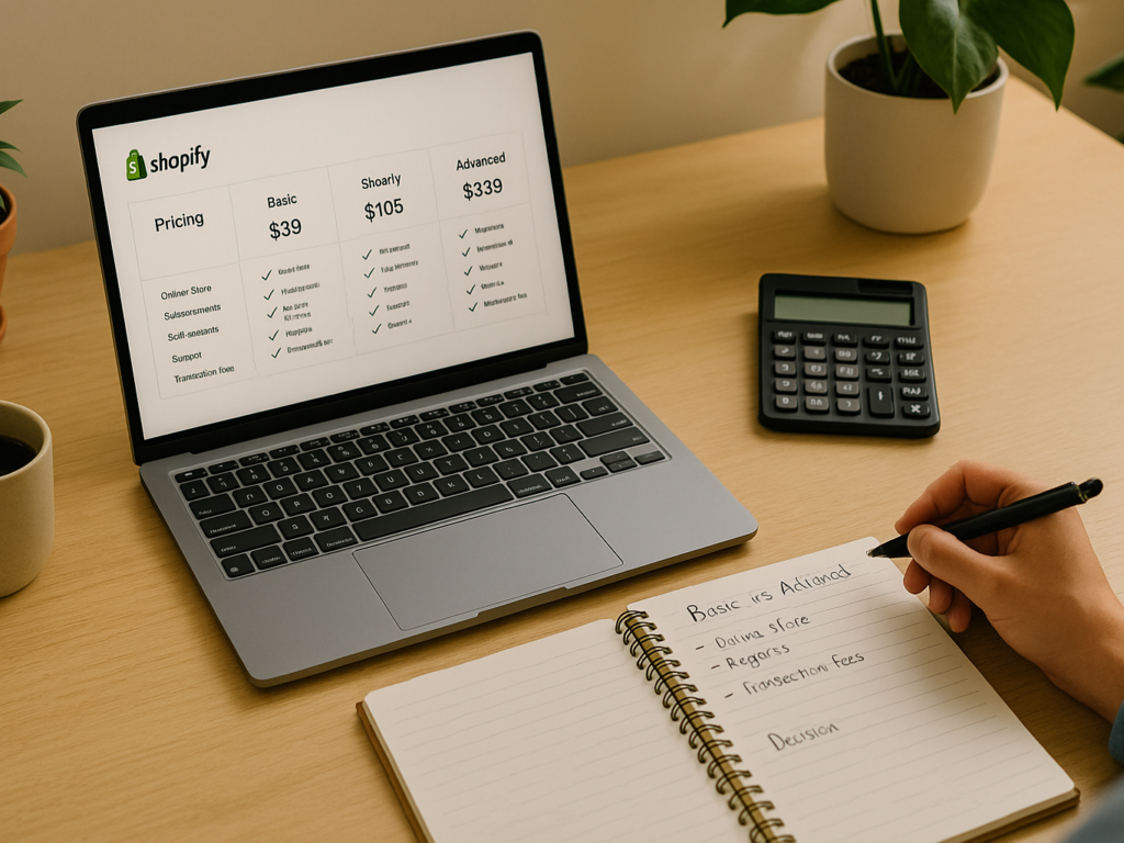 A person comparing Shopify pricing plans on a laptop, with a notebook open to pros and cons lists. 