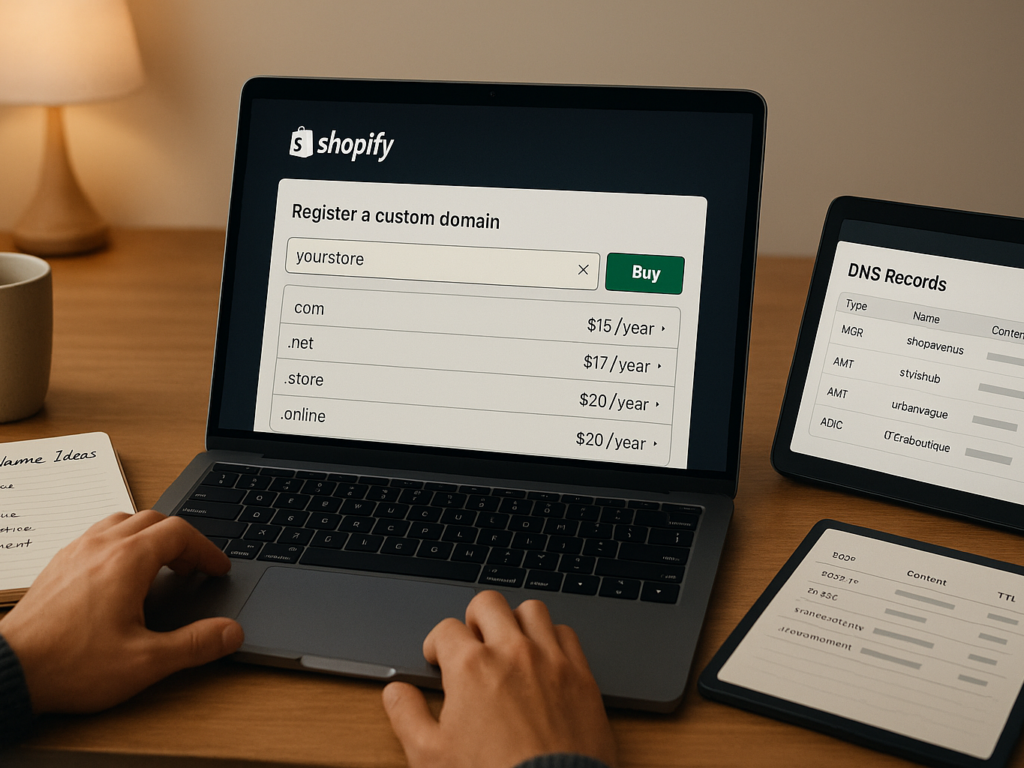 A person setting up a domain name for their Shopify store on a laptop.  A notepad beside the laptop shows potential domain name ideas.

