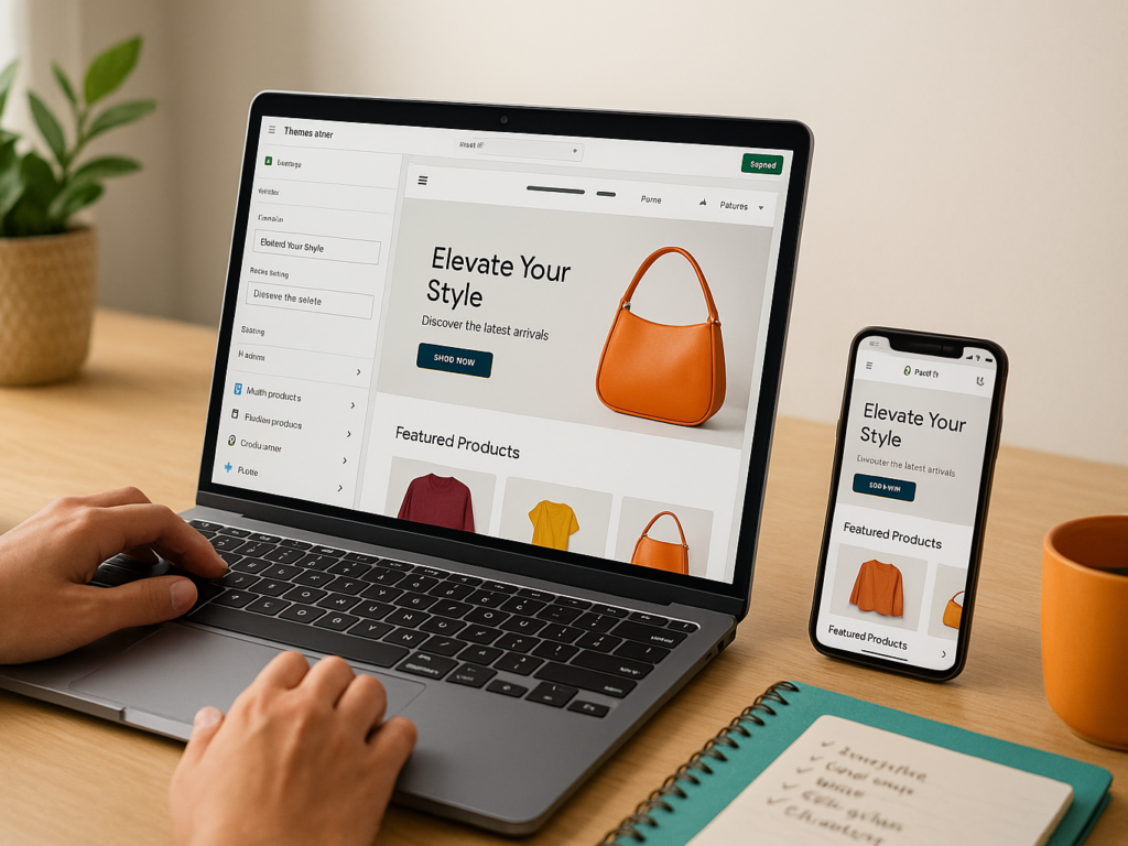 A person customizing a Shopify theme on a laptop, adjusting homepage sections like banners, product grids, and navigation.