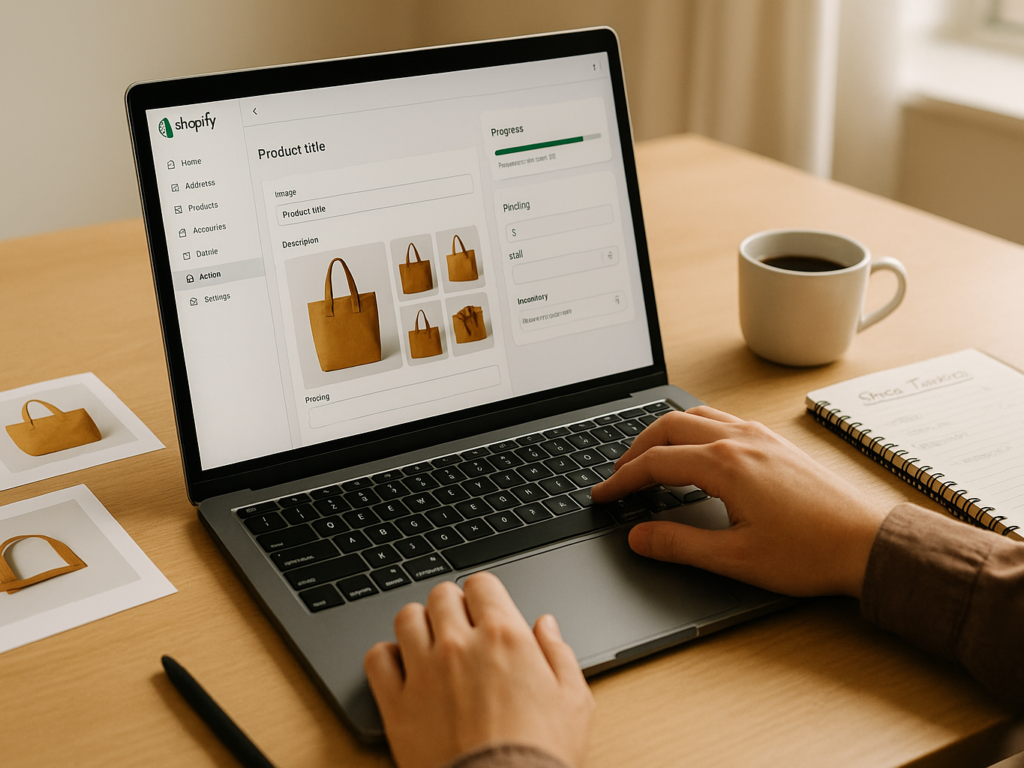 A person entering product details into a Shopify dashboard.