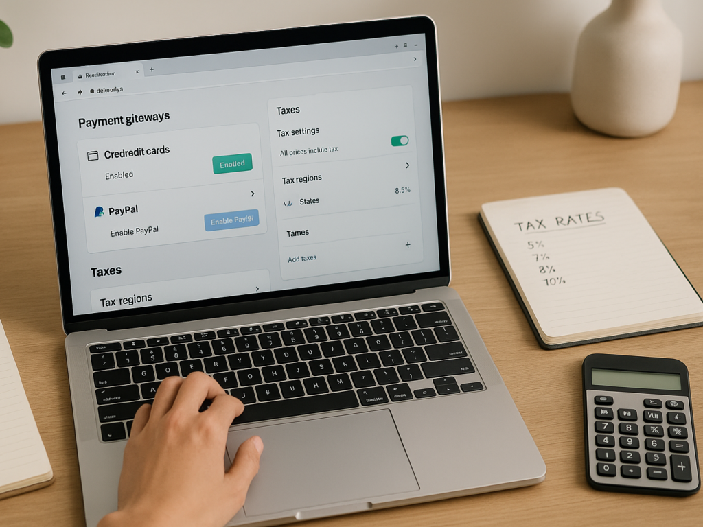A person configuring payment options and tax settings in the Shopify dashboard, with visible options like credit card, PayPal, and regional tax rates. A calculator and tax notes are nearby.

