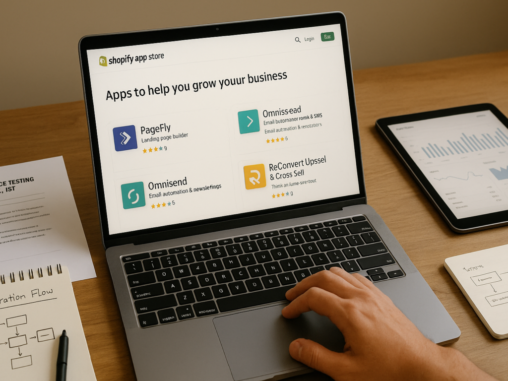 A person browsing the Shopify App Store on a laptop, comparing app listings like email marketing and upsell tools.