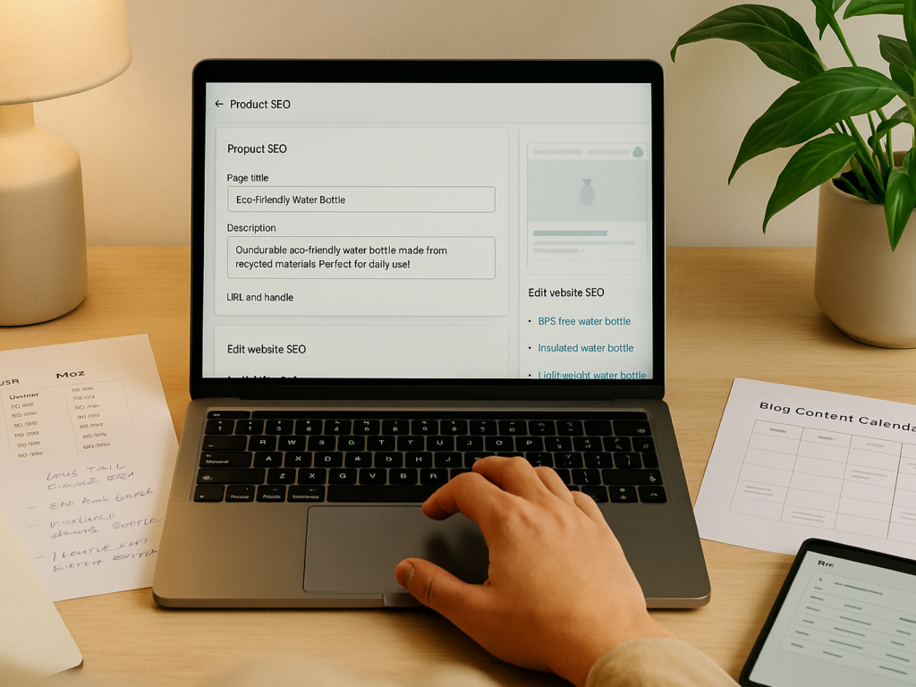 A person writing product descriptions and adjusting SEO settings on a laptop, with keyword research tools and content outlines visible nearby.

