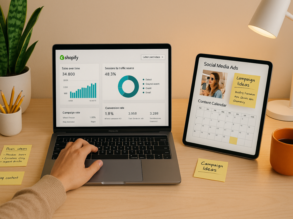 A person reviewing marketing analytics on a Shopify dashboard while planning social media promotions. Charts, ad previews, and a marketing calendar are visible around the workspace.

