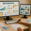 A designer working on an infographic layout on a desktop screen, with icons, charts, and data blocks arranged visually. Sketches and color swatches are spread across the desk.