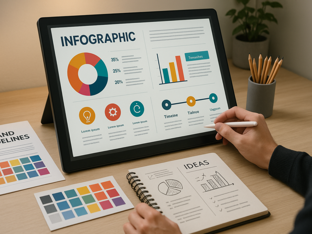 A designer converting data into visuals on a digital canvas, with charts, icons, and text blocks forming an infographic layout. Reference documents and brand guidelines are nearby.

