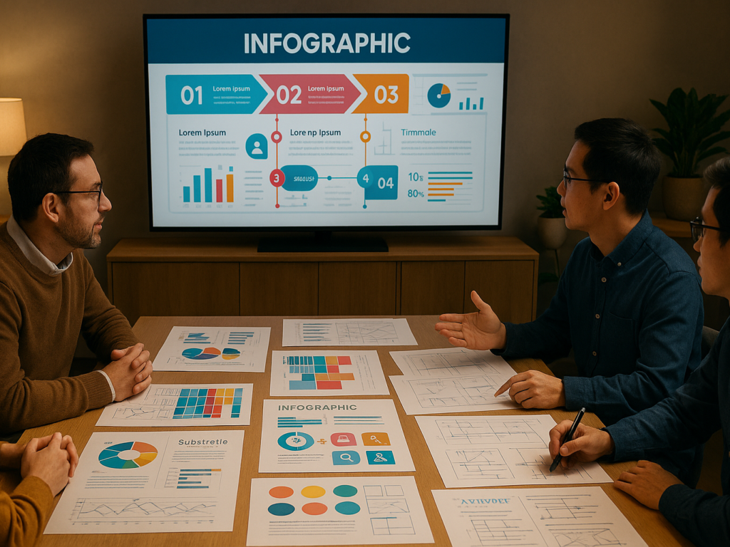 A team of designers and a client collaborating over infographic drafts, with sketches, charts, and mood boards on the table. A screen shows a colorful infographic in progress.

