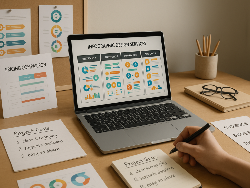 A person reviewing infographic design portfolios and pricing charts on a laptop, with notes about project goals and audience preferences written on a notepad nearby.

