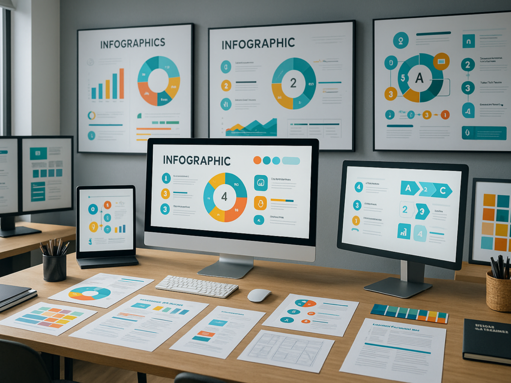 A curated selection of infographic designs displayed on screens and print boards in a creative studio, showcasing varied styles like timelines, data charts, and icon-based layouts.

