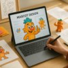 A designer sketching a fun mascot character on a tablet, with color swatches, fabric samples, and 3D model references spread out on a creative workspace.