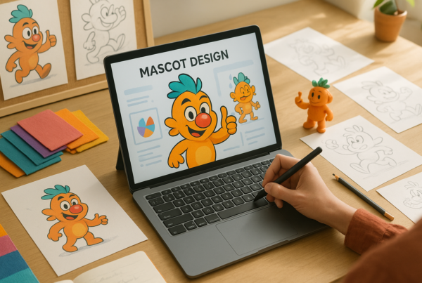 A designer sketching a fun mascot character on a tablet, with color swatches, fabric samples, and 3D model references spread out on a creative workspace.