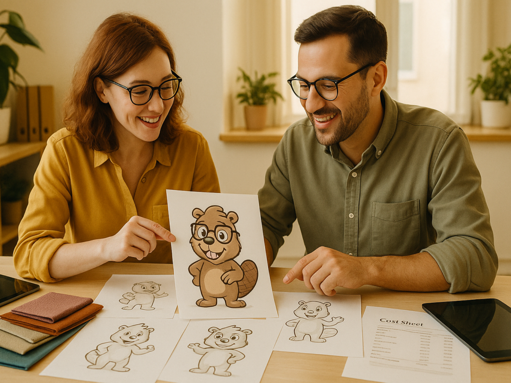 Two professionals reviewing mascot design sketches at a bright workspace, with sample fabrics and cost estimate sheets on the table.

