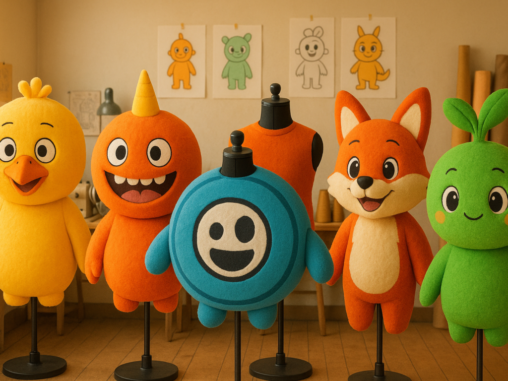 A colorful lineup of custom mascot suits displayed on mannequins in a bright studio, with sewing tools and sketches visible in the background.

