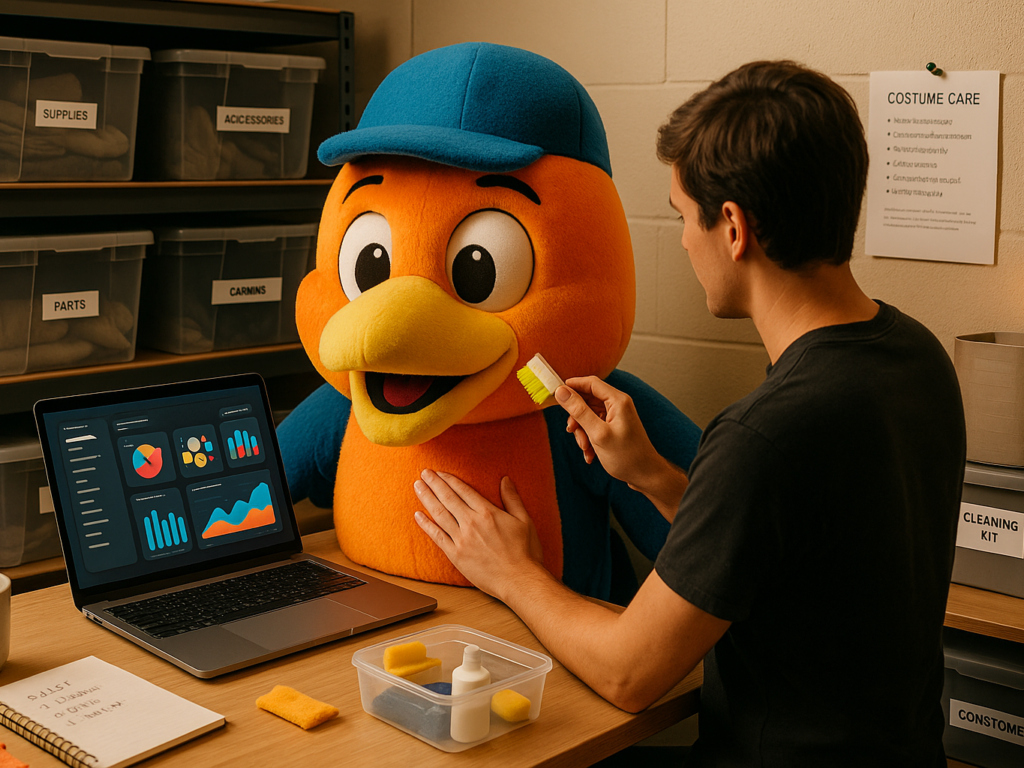 A staff member gently cleaning a mascot costume in a well-organized storage room, with care supplies and costume accessories nearby.


