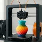 A modern dual extruder 3D printer on a sleek desk setup, printing a detailed multi-color model with spools of filament in the background.