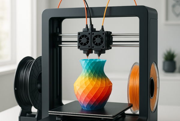 A modern dual extruder 3D printer on a sleek desk setup, printing a detailed multi-color model with spools of filament in the background.