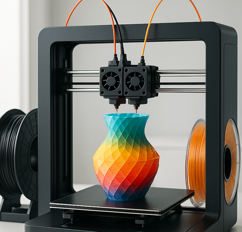 A modern dual extruder 3D printer on a sleek desk setup, printing a detailed multi-color model with spools of filament in the background.