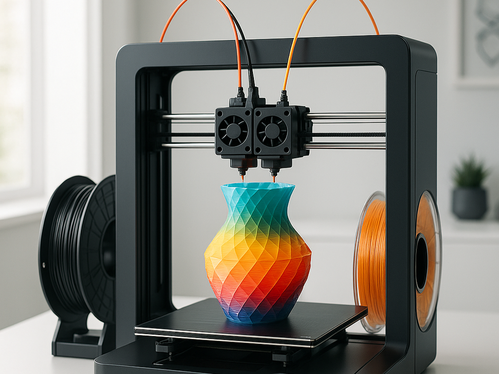 A modern dual extruder 3D printer on a sleek desk setup, printing a detailed multi-color model with spools of filament in the background.