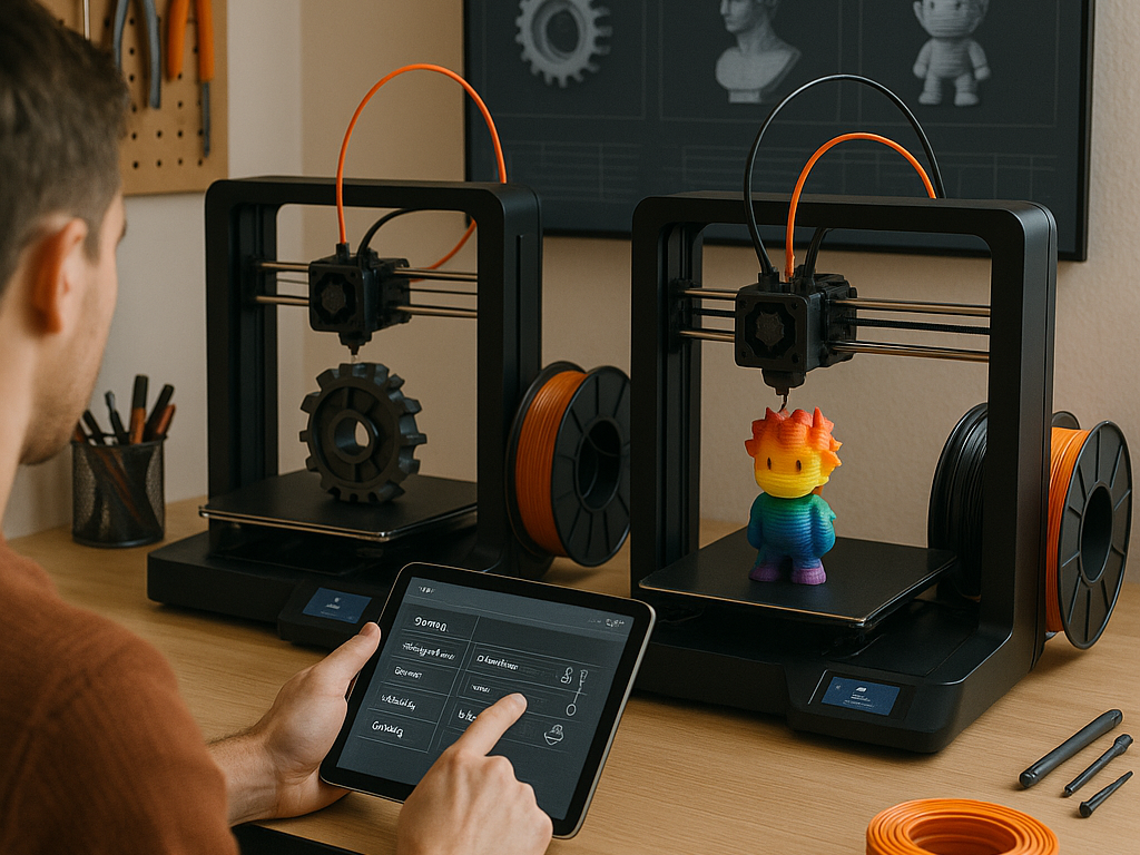 A person comparing dual extruder 3D printer models on a tablet, with two 3D printers.