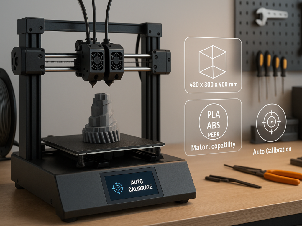 A dual extruder 3D printer mid-print with one nozzle active, surrounded by icons.
