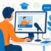 A modern workspace showing a person recording a screencast on a computer screen with a microphone, surrounded by icons representing video tutorials, engagement, and online learning, in a bright and clean digital style.