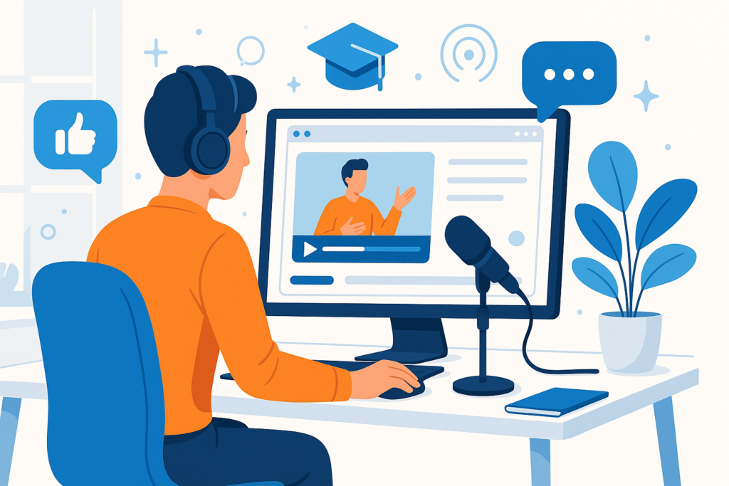 A modern workspace showing a person recording a screencast on a computer screen with a microphone, surrounded by icons representing video tutorials, engagement, and online learning, in a bright and clean digital style.