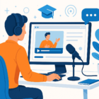 A modern workspace showing a person recording a screencast on a computer screen with a microphone, surrounded by icons representing video tutorials, engagement, and online learning, in a bright and clean digital style.