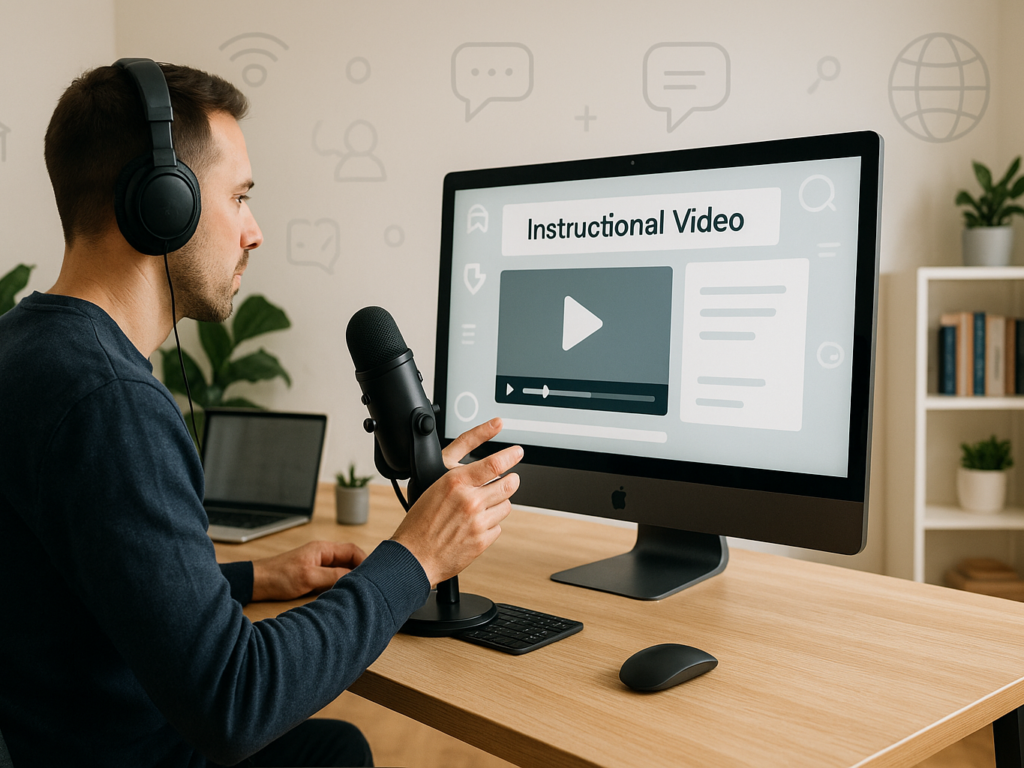 A professional person using a computer in a modern home office, wearing headphones and speaking into a microphone, while recording an instructional video on their screen. The workspace is clean and tech-focused, symbolizing digital education in 2025.

