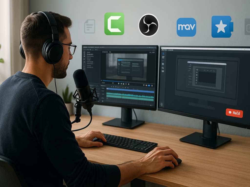 A sleek digital workspace showing various screencasting tools open on multiple monitors. A professional user sits at the desk wearing headphones and using a microphone, suggesting active video recording or editing. Logos or icons of popular tools like Camtasia, OBS Studio, and Movavi are subtly featured on screens, symbolizing choice and modern technology in a 2025 home office.

