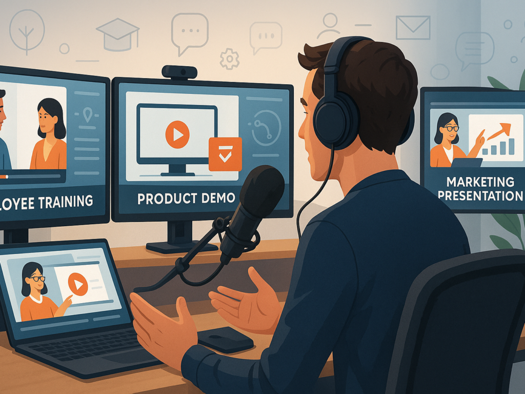A realistic digital illustration of a professional working in a modern, high-tech workspace while recording a screencast video. The individual, wearing a headset and speaking into a microphone, is surrounded by multiple screens showing different use cases: employee onboarding, customer support, eLearning, and a marketing pitch. The background features subtle icons symbolizing corporate training, education, customer service, and digital marketing, creating a focused and productive 2025 environment.









