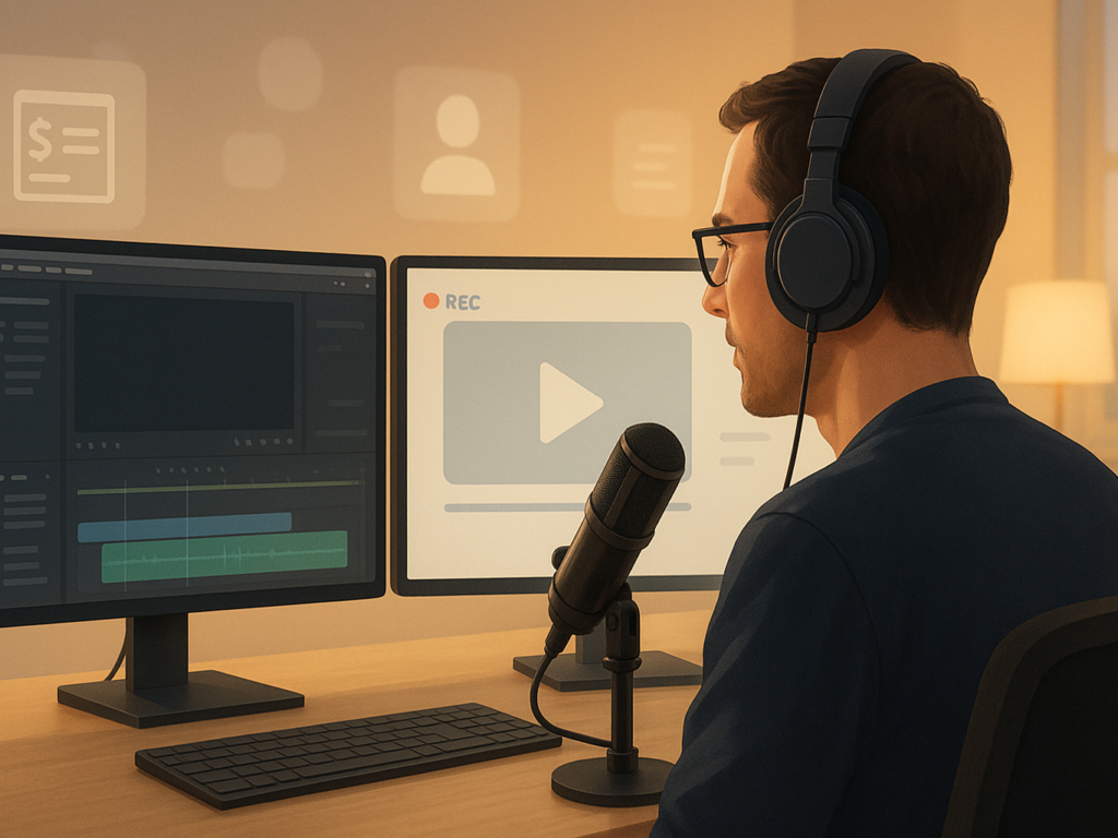 A highly realistic digital workspace shows a confident professional speaking into a microphone while recording a screencast. The person is seated at a tidy, modern desk with dual monitors—one displaying video editing software, the other showing a screencasting tool. Soft lighting, sleek tech gear, and subtle branding elements enhance the scene. Background features abstract digital icons symbolizing communication, education, and productivity, reflecting the growing importance of screencasting in 2025.

