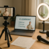 A small home office setup with a smartphone mounted on a tripod recording an instructor speaking in front of a laptop with presentation slides on screen. Nearby, a ring light and open eLearning storyboard notes are visible. The setting is cozy, minimal, and tech-savvy.
