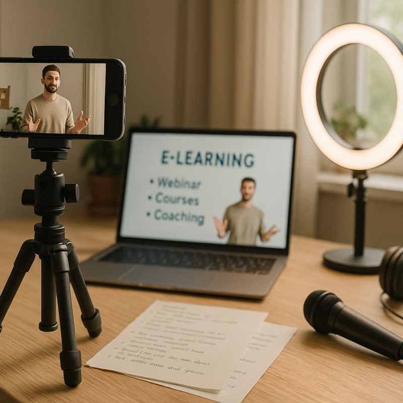 A small home office setup with a smartphone mounted on a tripod recording an instructor speaking in front of a laptop with presentation slides on screen. Nearby, a ring light and open eLearning storyboard notes are visible. The setting is cozy, minimal, and tech-savvy.