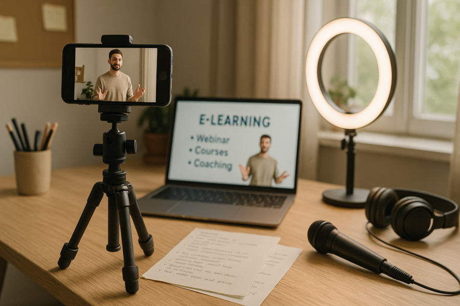 A small home office setup with a smartphone mounted on a tripod recording an instructor speaking in front of a laptop with presentation slides on screen. Nearby, a ring light and open eLearning storyboard notes are visible. The setting is cozy, minimal, and tech-savvy.