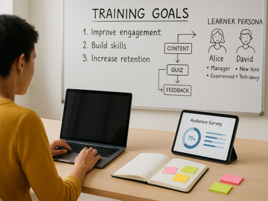 A clean, modern workspace with a whiteboard showing mapped-out training goals and learner personas. A person sits at a laptop, reviewing audience data and course objectives, surrounded by sticky notes, notebooks, and color-coded markers. The environment is bright, organized, and creative—suggesting thoughtful planning in a digital learning context.

