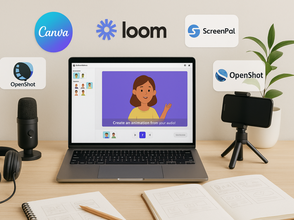 A desk workspace showing a laptop screen open to a free animation tool, surrounded by simple recording gear like a headset microphone, webcam, and smartphone on a tripod. Also visible are icons or screens for tools like Canva, Loom, and OpenShot. The overall setting is neat and creative, suggesting affordable yet effective video production.

