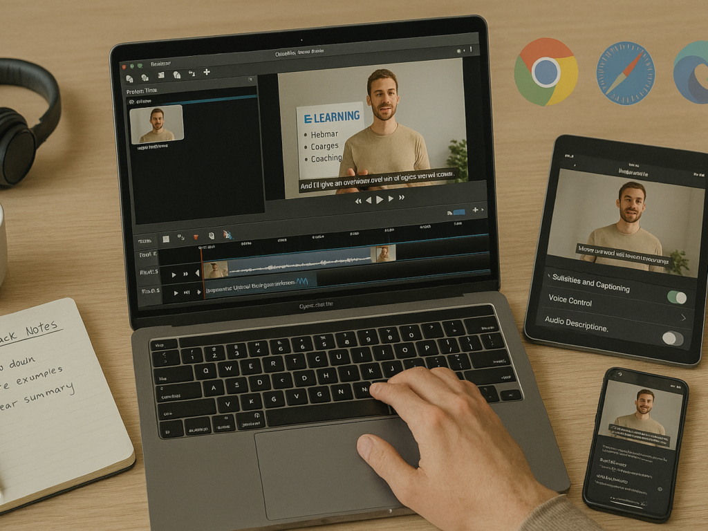 A digital content creator editing an eLearning video on a laptop using free editing software. The screen shows video timelines, subtitles, and background music tracks. On the desk are headphones, a notepad with feedback notes, and a smartphone showing a test version of the video. The environment includes a tablet displaying accessibility options and a second screen with browser compatibility testing.

