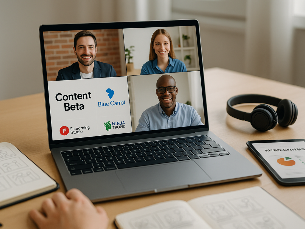 A professional virtual meeting scene showing representatives from different eLearning video production agencies on a video call. Laptops display branded slides from Content Beta, Blue Carrot, F.Learning Studio, and Ninja Tropic. The workspace is organized with notebooks, headphones, and agency brochures, suggesting collaboration and expert-driven solutions in digital education.

