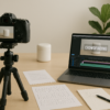A clean, modern workspace with a camera filming a product on a table. A laptop shows a paused crowdfunding video, and notes and a storyboard are scattered nearby. Soft daylight and a plant add a calm, creative vibe.