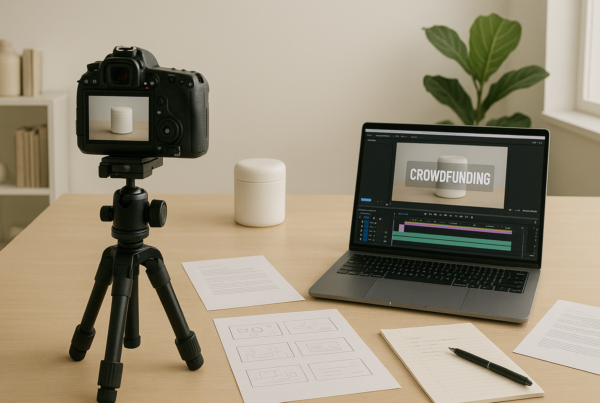 A clean, modern workspace with a camera filming a product on a table. A laptop shows a paused crowdfunding video, and notes and a storyboard are scattered nearby. Soft daylight and a plant add a calm, creative vibe.