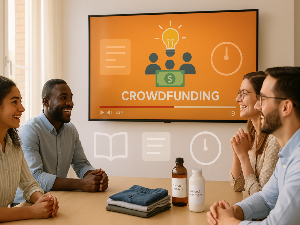 A group of young professionals watches a crowdfunding video on a wall screen in a sunlit, modern office. They look engaged and upbeat. Subtle icons—a book, text blocks, and a clock—are softly overlaid, blending into the clean, welcoming space.








