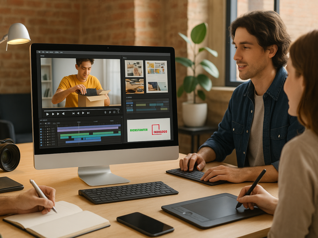 Creative team working in a modern office, editing a crowdfunding campaign video on a computer, with notes, cameras, and sketches spread across the desk.

