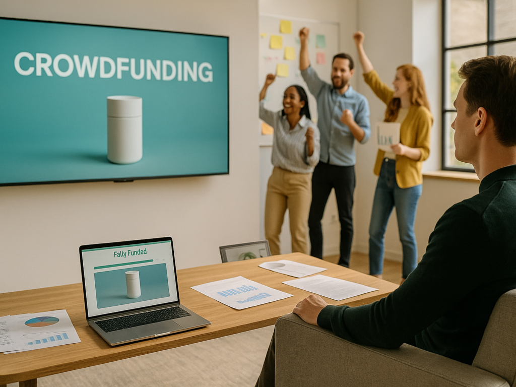Startup founder watching a finished crowdfunding video in a creative office, with a campaign team nearby reviewing results and celebrating a successful funding milestone.

