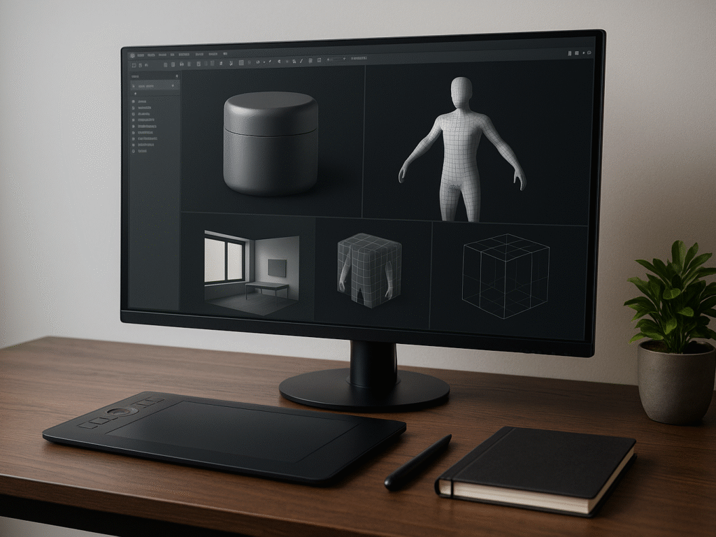 A professional desk setup with a monitor showing high-quality 3D model examples, such as a product prototype, a character mesh, and an interior architectural render.