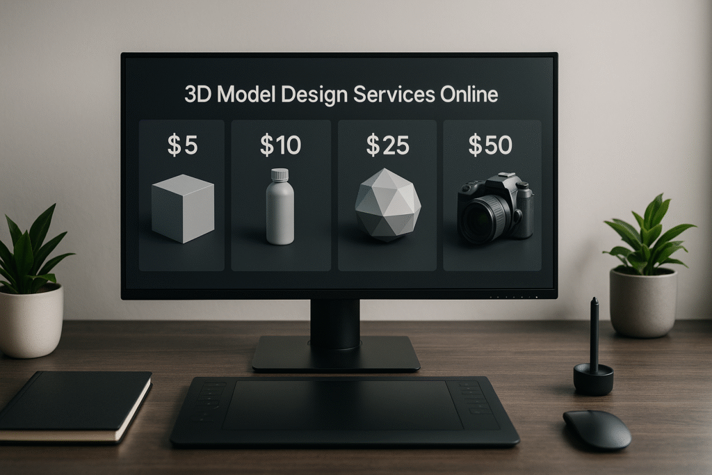A professional desk setup displaying 3D modeling software with multiple previews of simple and advanced 3D models labeled with prices ranging from $5 to $50.