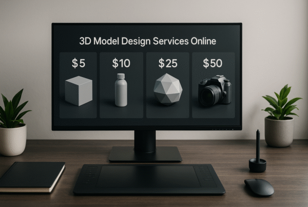 A professional desk setup displaying 3D modeling software with multiple previews of simple and advanced 3D models labeled with prices ranging from $5 to $50.