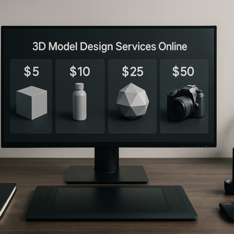 A professional desk setup displaying 3D modeling software with multiple previews of simple and advanced 3D models labeled with prices ranging from $5 to $50.