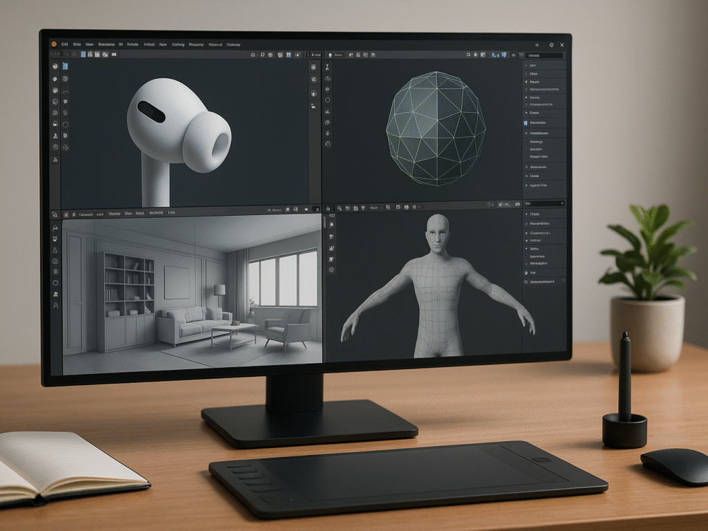 A modern workspace with a large monitor displaying professional 3D models, including product prototypes and wireframe designs, representing top 3D modeling agencies.
