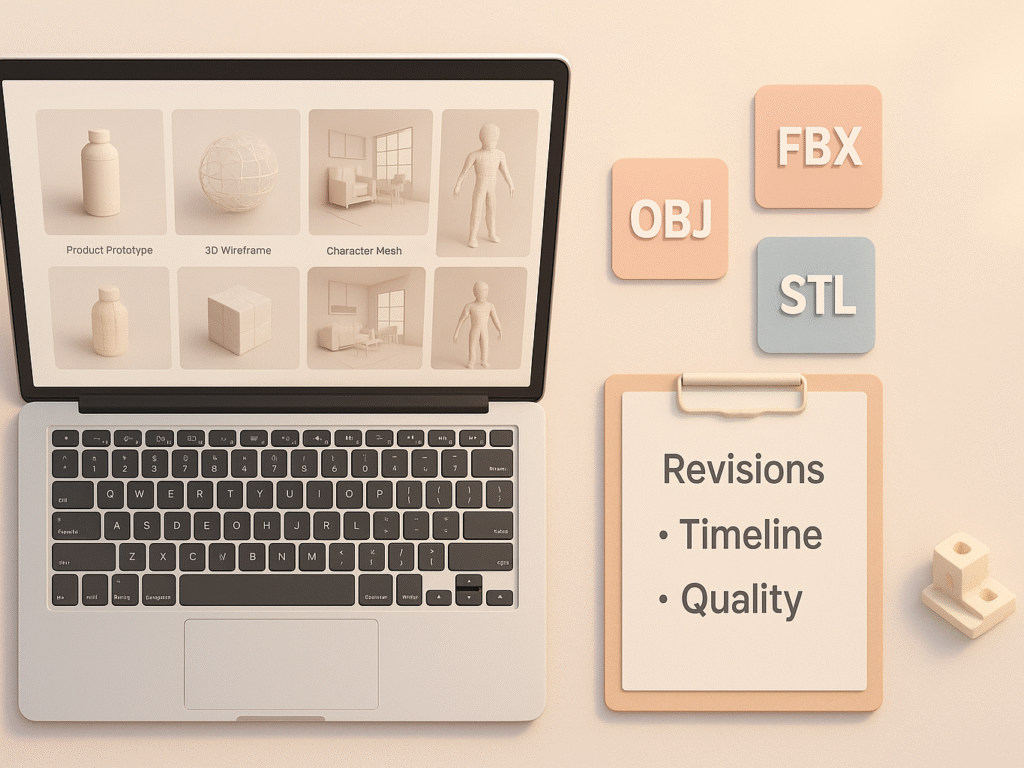 A modern workspace flat lay with a laptop displaying a 3D model portfolio, icons for OBJ, FBX, and STL file formats, and a checklist for quality, revisions, and timelines, surrounded by small 3D model elements in a soft pastel, minimalist style.